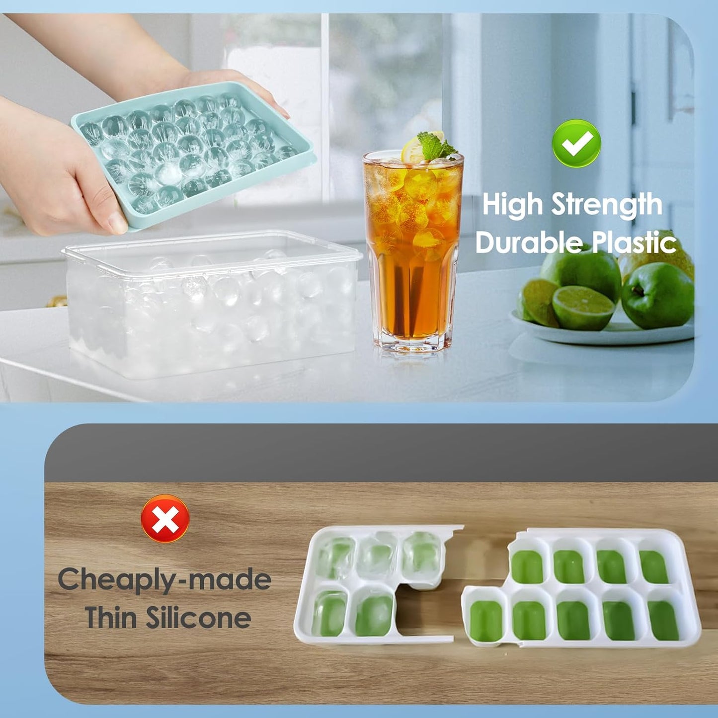 Mini Circle Ice Cube Tray - Great For Making 66PCS Sphere Chilling Cocktail Whiskey Tea Coffee (2 Trays 1 Ice Bucket & Scoop)